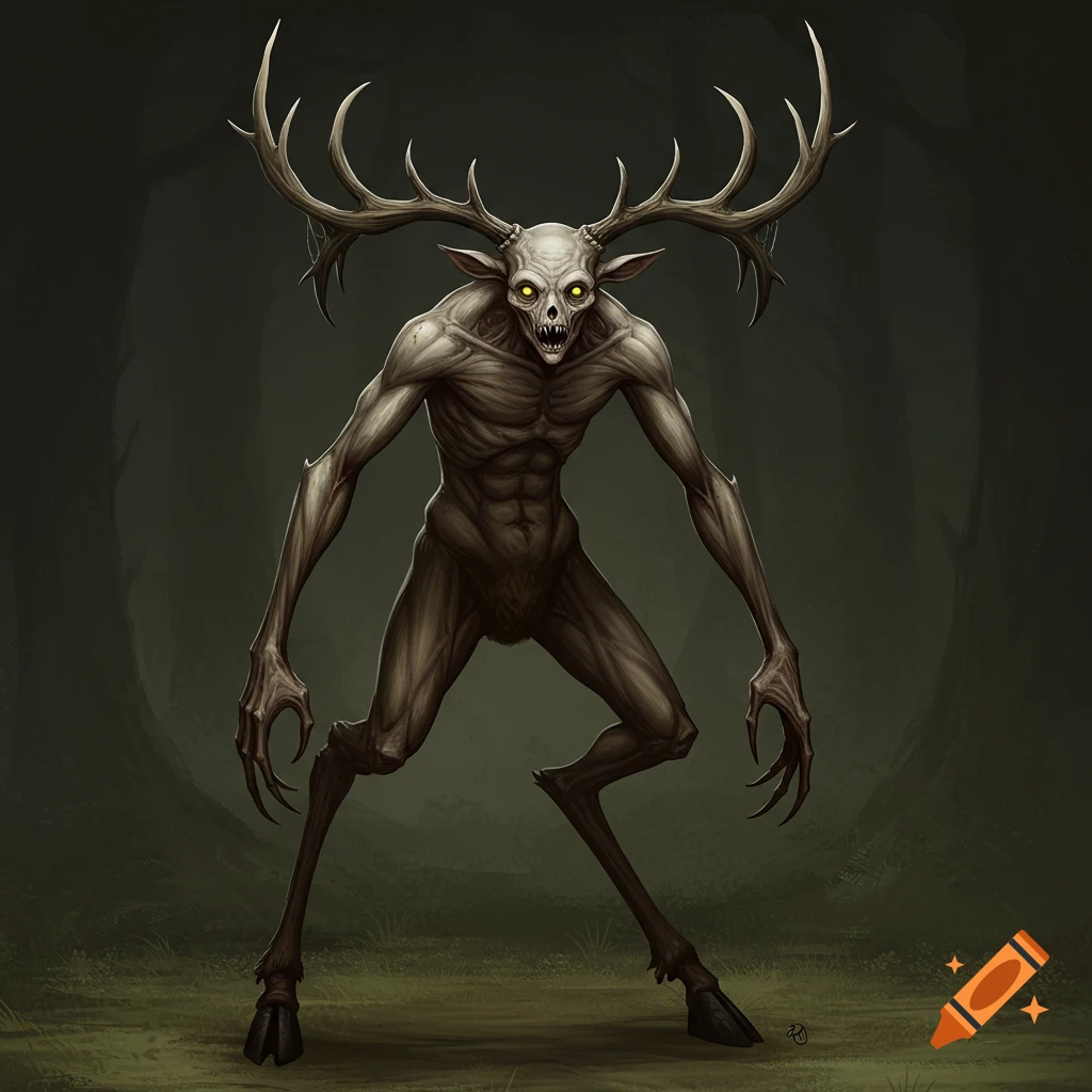 A gaunt, humanoid creature with large antlers, clawed hands, hooved feet, and glowing yellow eyes stands in a forest.