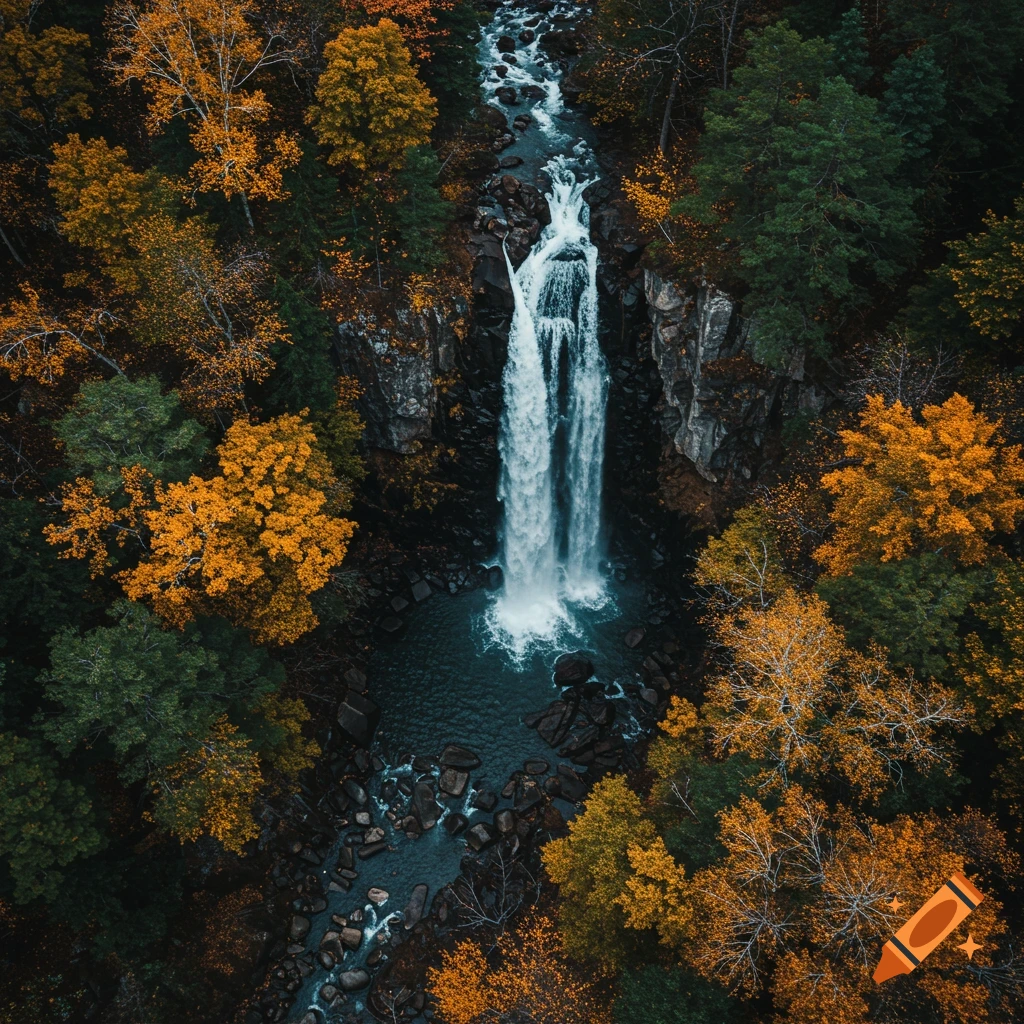 Aerial view of a waterfall surrounded by trees with autumn foliage.