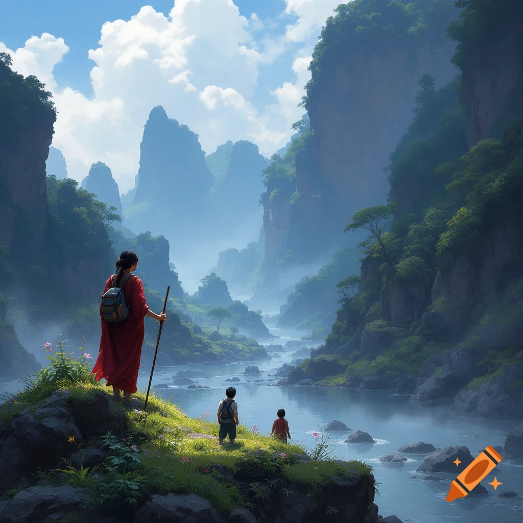 A person and two children looking out at a river valley landscape.