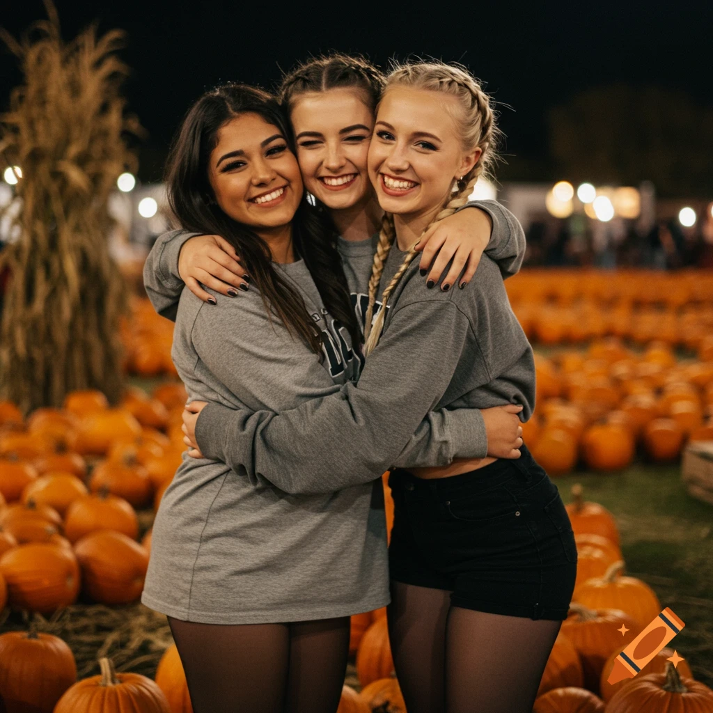 Three friends hug in a pumpkin patch at night.