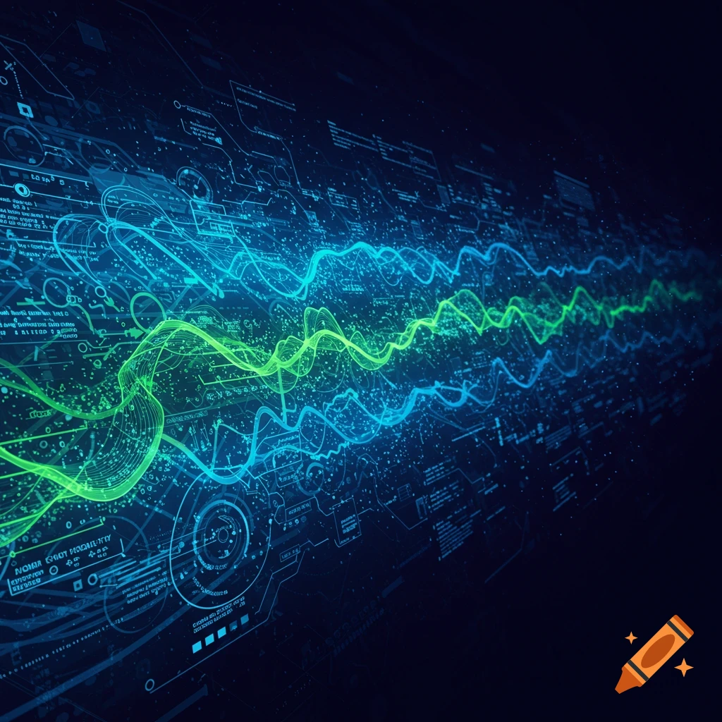 Glowing blue and green waveforms are depicted against a background of complex circuit patterns and data displays.