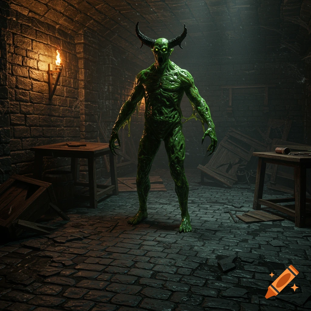A green, slime-covered demon stands in a dark dungeon.