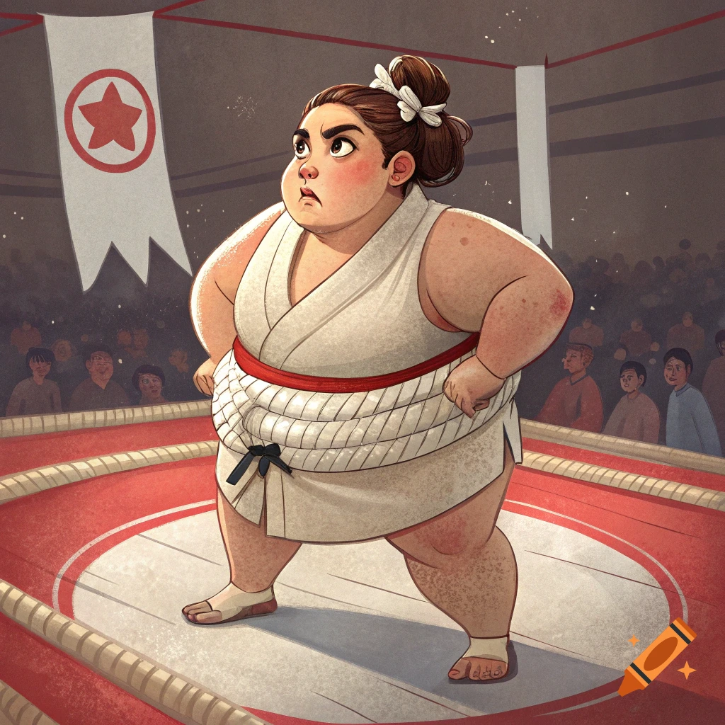 Cartoon of a determined sumo wrestler standing in a ring.
