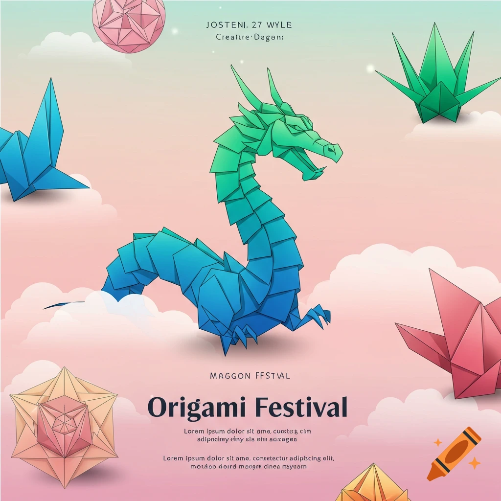 An origami festival poster with a blue and green folded paper dragon among other origami shapes.