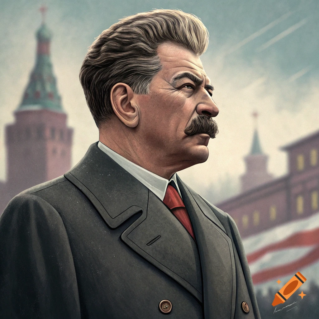 Portrait of Joseph Stalin in a coat and tie, standing in front of the Kremlin.