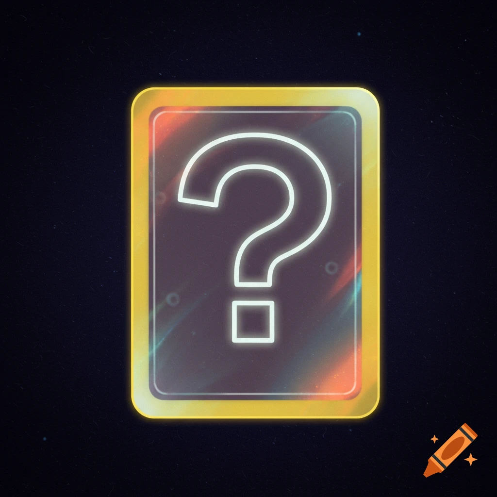 A glowing holographic card with a white question mark in the center.