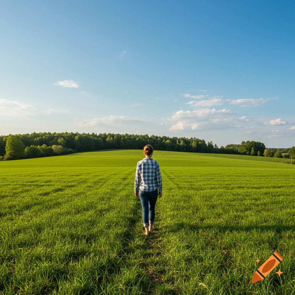 A person walks through a large green field towards a forest under a blue sky. Photorealistic.