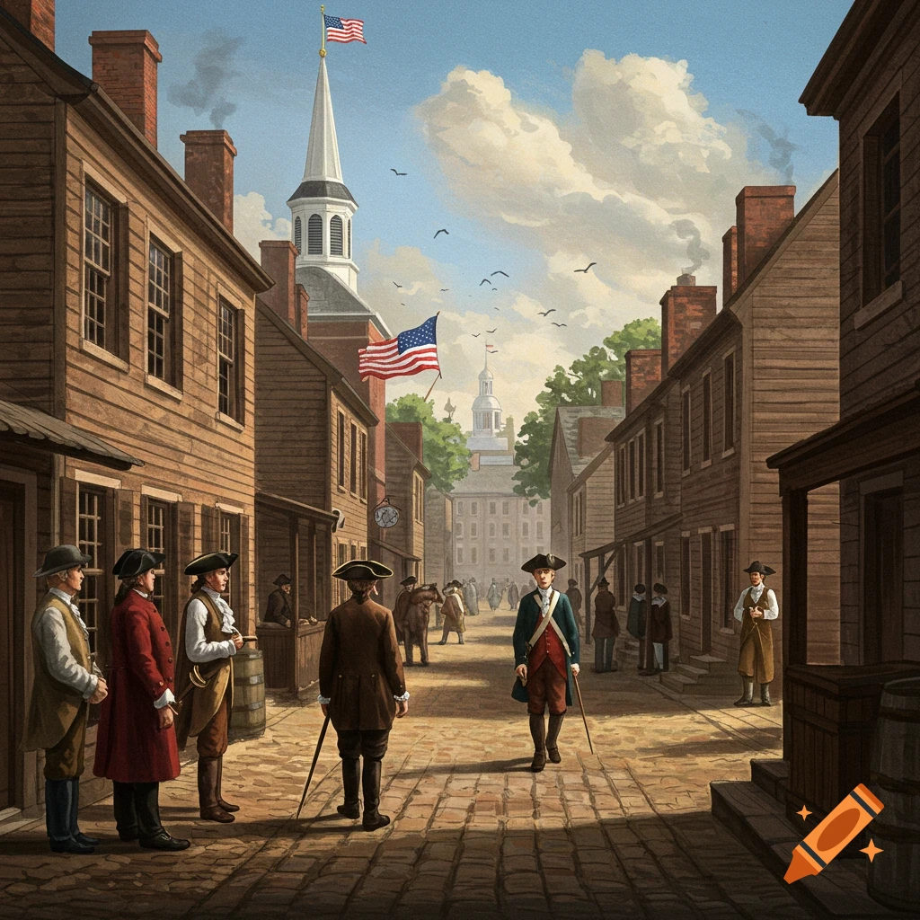 A street scene in colonial Boston with people in 1700s attire and buildings.