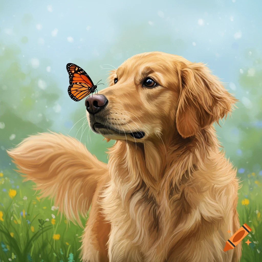A golden retriever with a monarch butterfly on its nose sits in a grassy field.