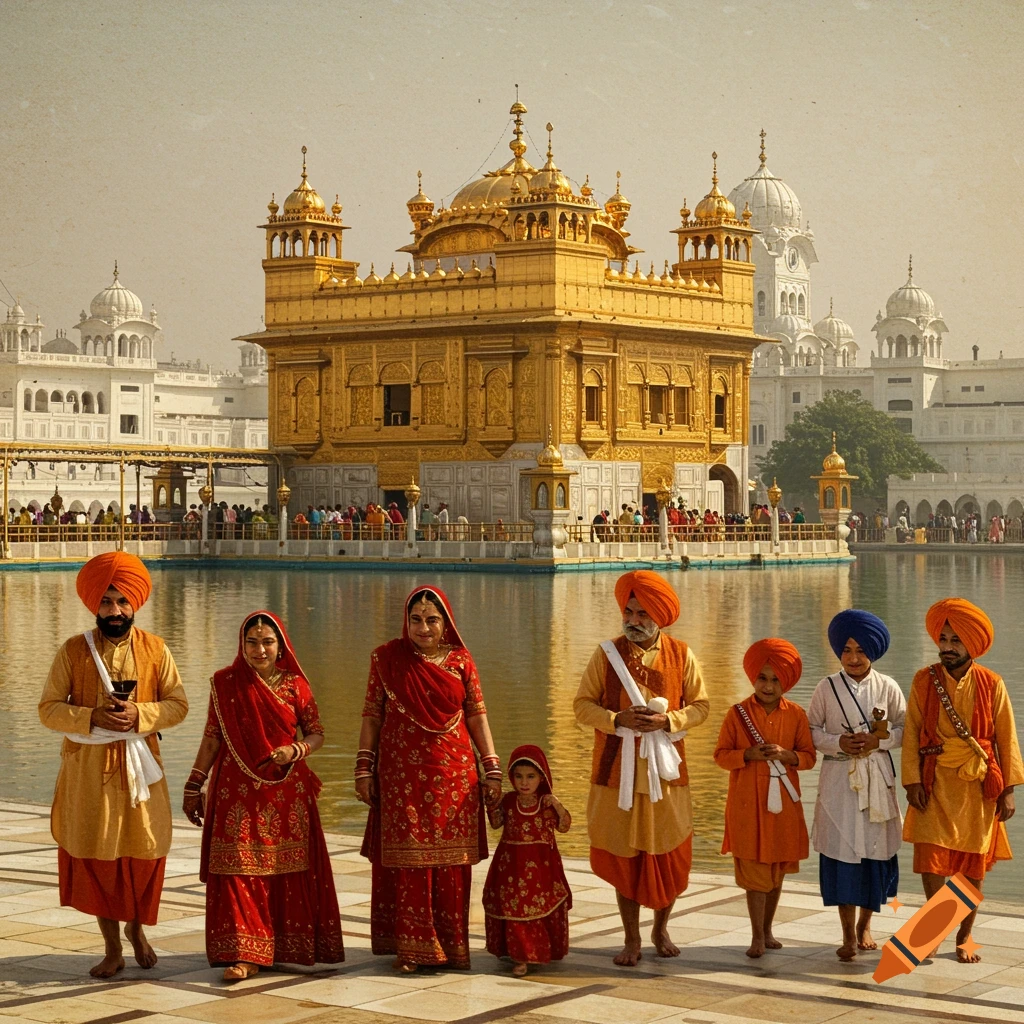 Vintage illustration of a family in traditional attire in front of the Golden Temple in Amritsar, India.