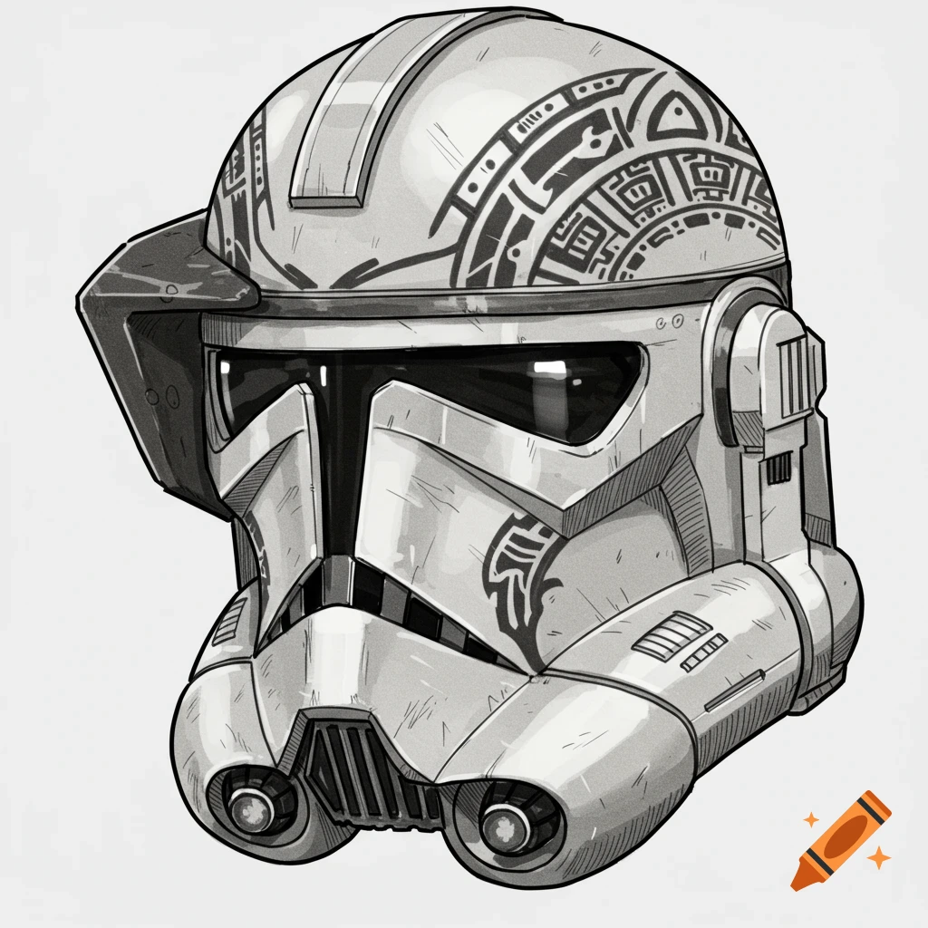 A detailed drawing of a Star Wars Clone Trooper helmet with tribal tattoo patterns.