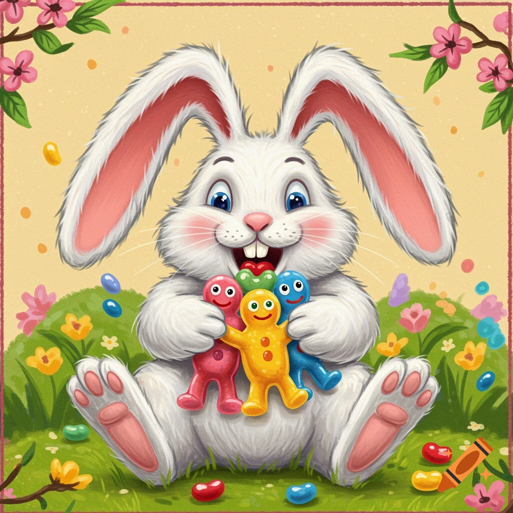 Whimsical cartoon Easter bunny holding colorful jelly bean men in a grassy field with flowers.
