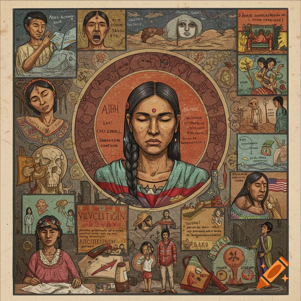 Illustration depicting multiple scenes and figures expressing emotions related to cultural adaptation, with a large central portrait.