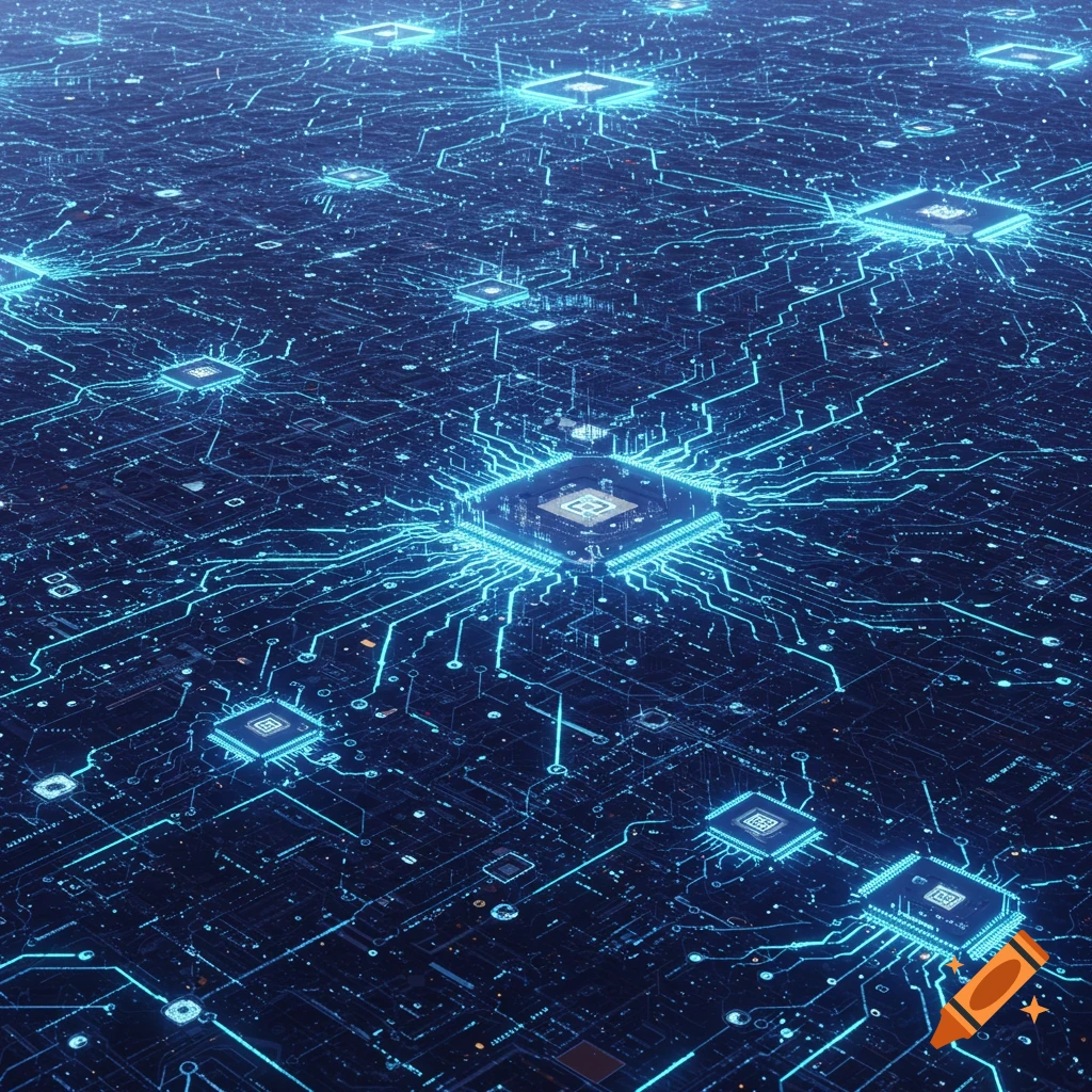 Detailed image of a futuristic circuit board or computer network with glowing blue lines and chips.
