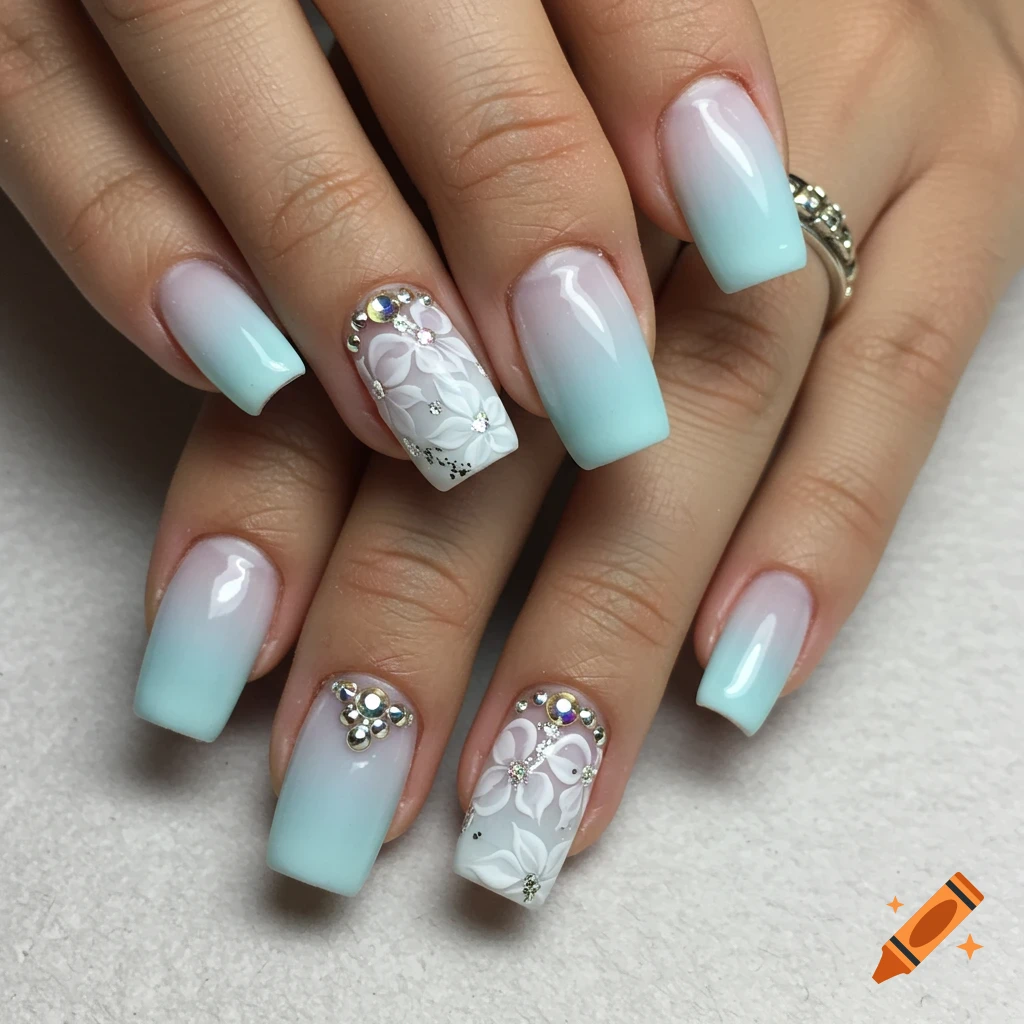 Close-up of hands with light blue and white ombre nails, some featuring white floral designs, glitter, and rhinestones.