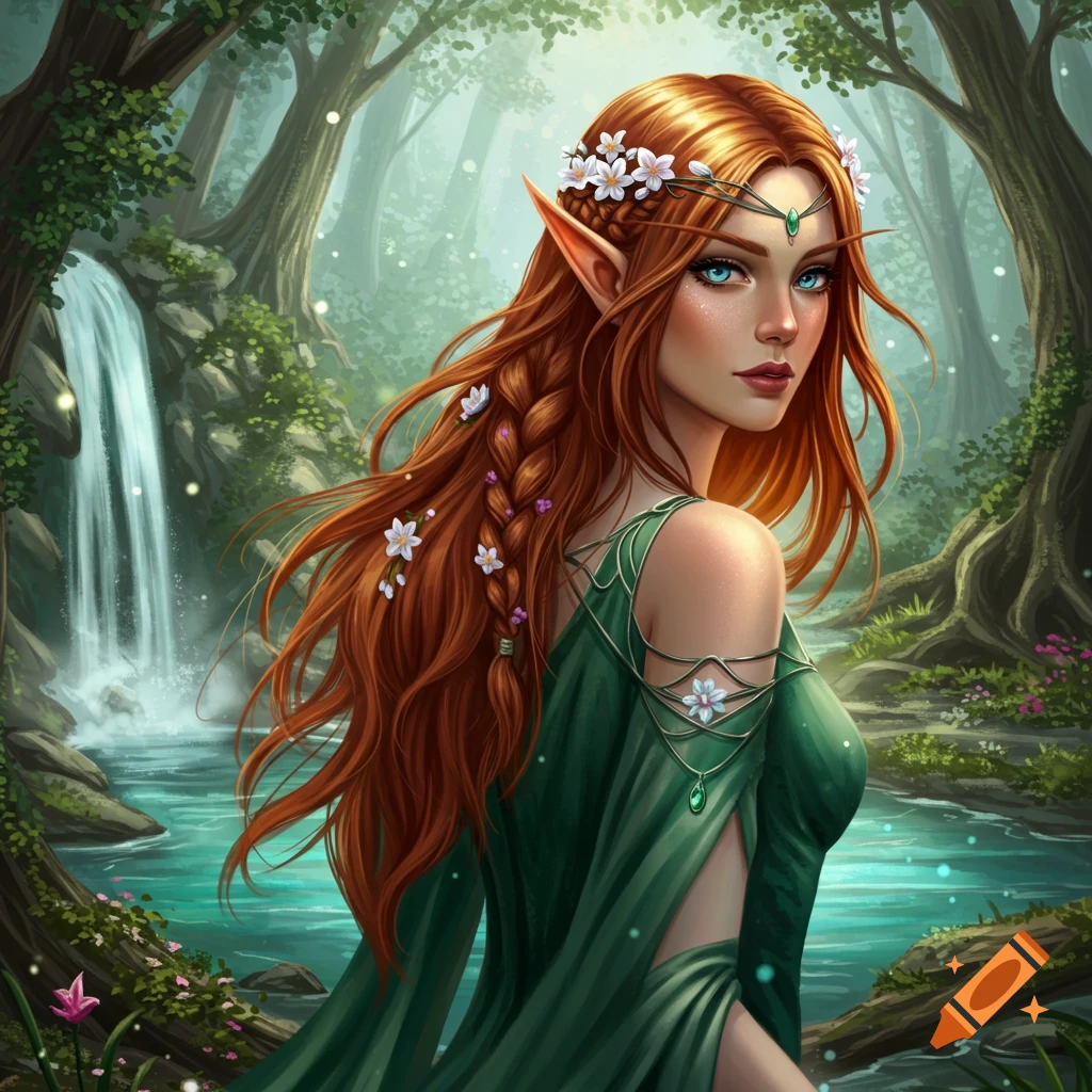 Image of an elf woman with long red hair in a forest with a waterfall.