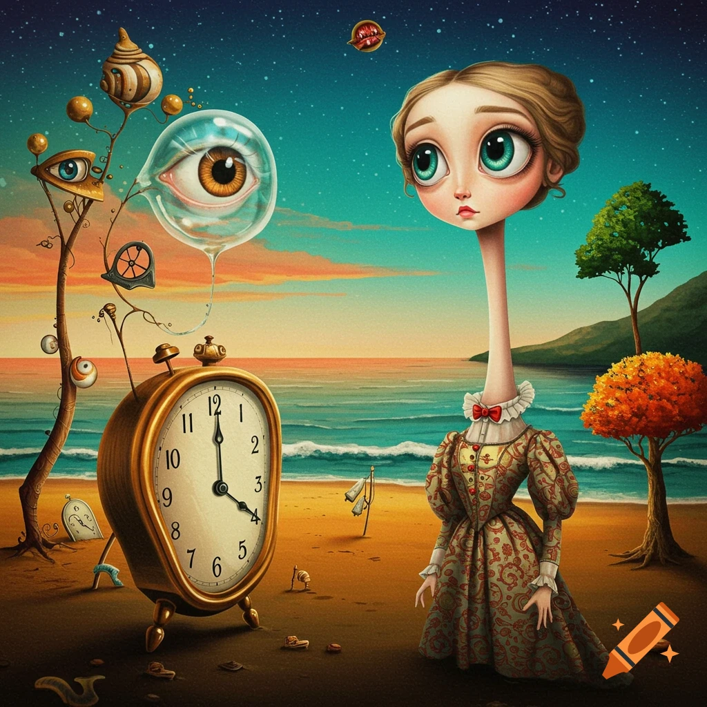 Surreal image of a beach scene with a melting clock, long-necked figure, and floating eyes.