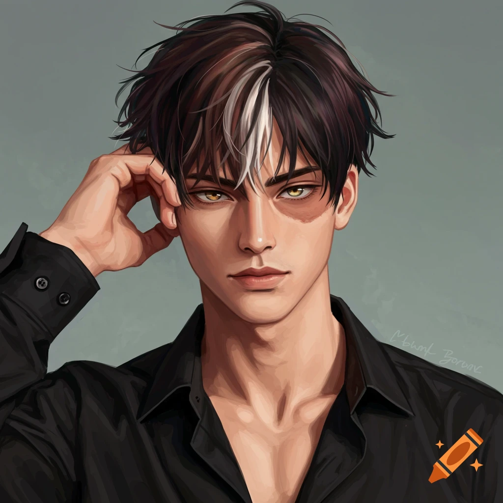 A man with striking half white, half dark hair and captivating gold eyes is wearing a simple black shirt.