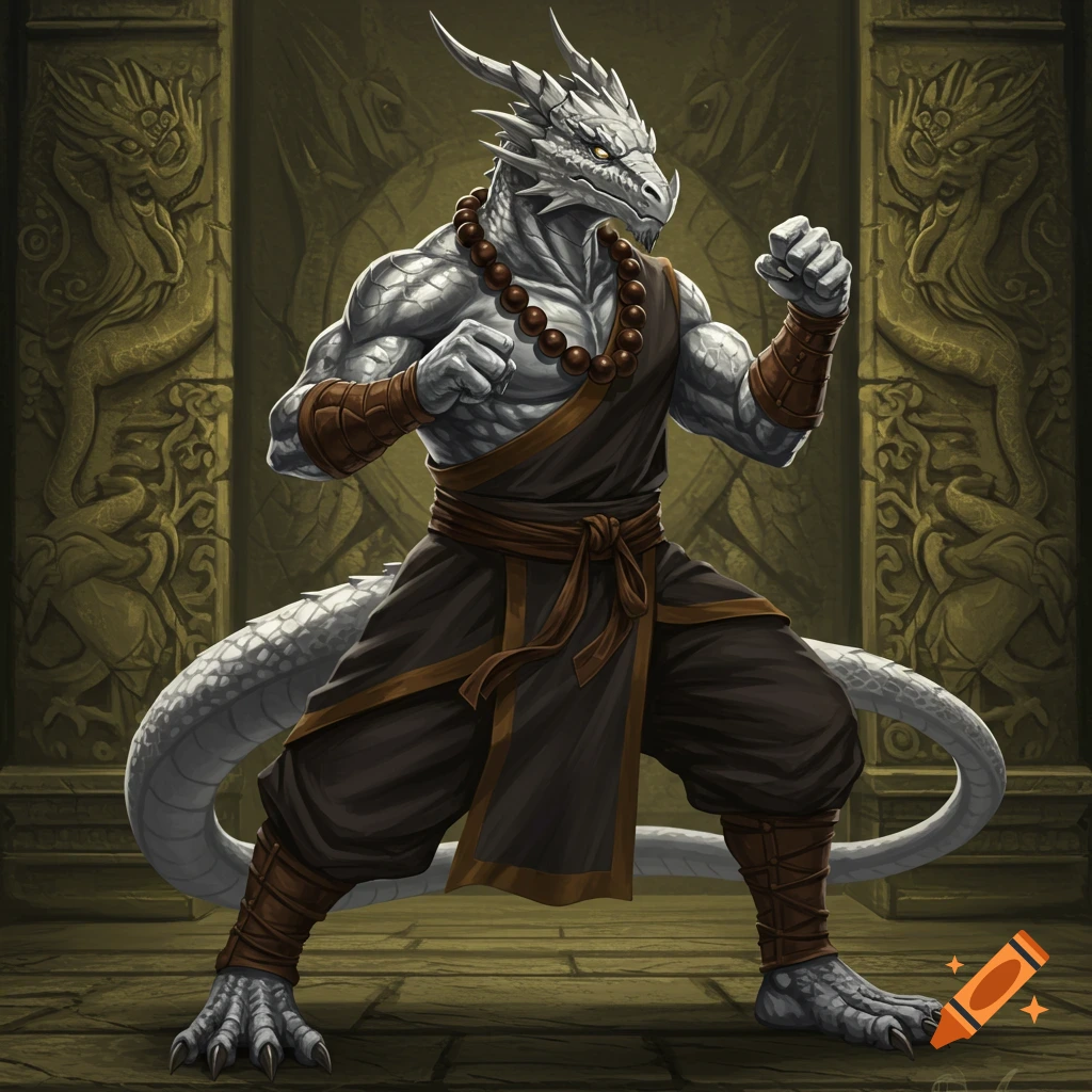 Silver dragonborn monk in a martial arts stance inside an ancient temple.