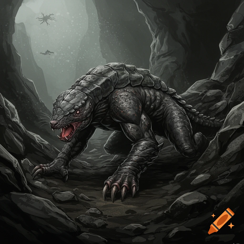 A dark, scaly fantasy creature with red eyes and claws stands in a cave.