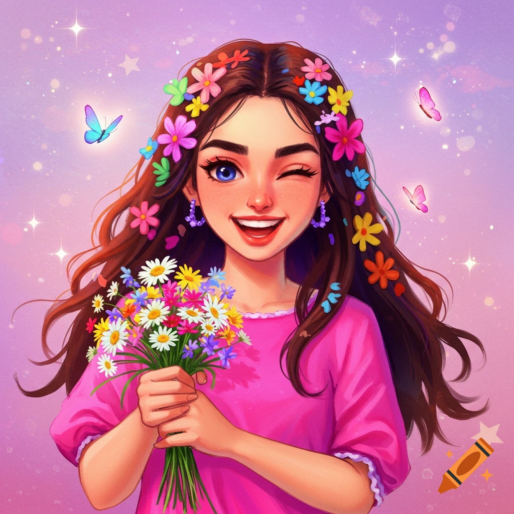 A smiling girl with flowers in her hair, holding a bouquet, with butterflies and stars in the background.
