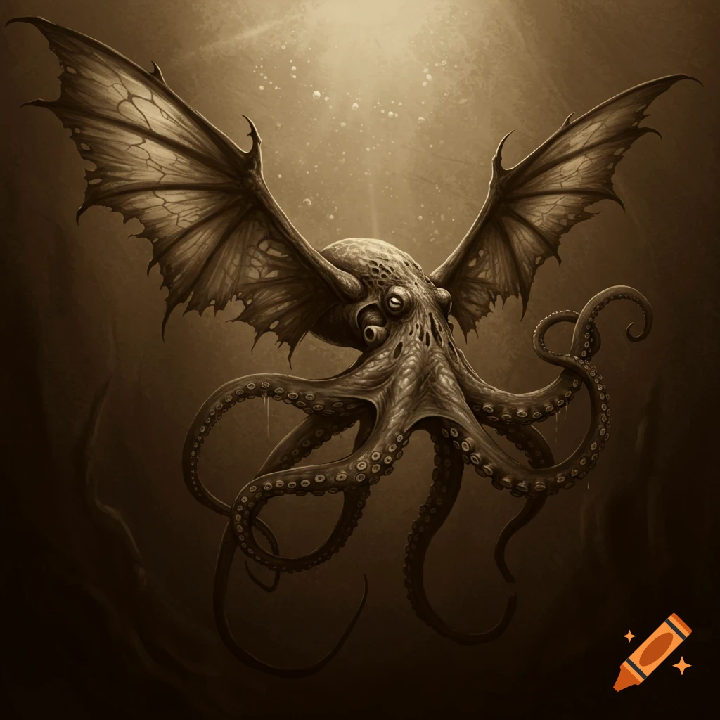 A sepia rendition of a monstrous octopus with bat wings underwater