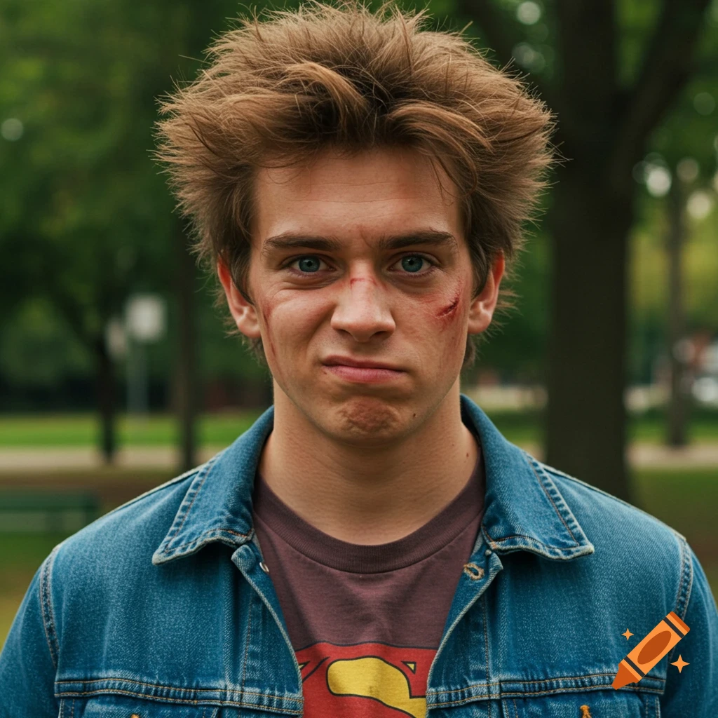A young man with messy hair and cuts on his face wears a denim jacket and a Superman t-shirt in a park.
