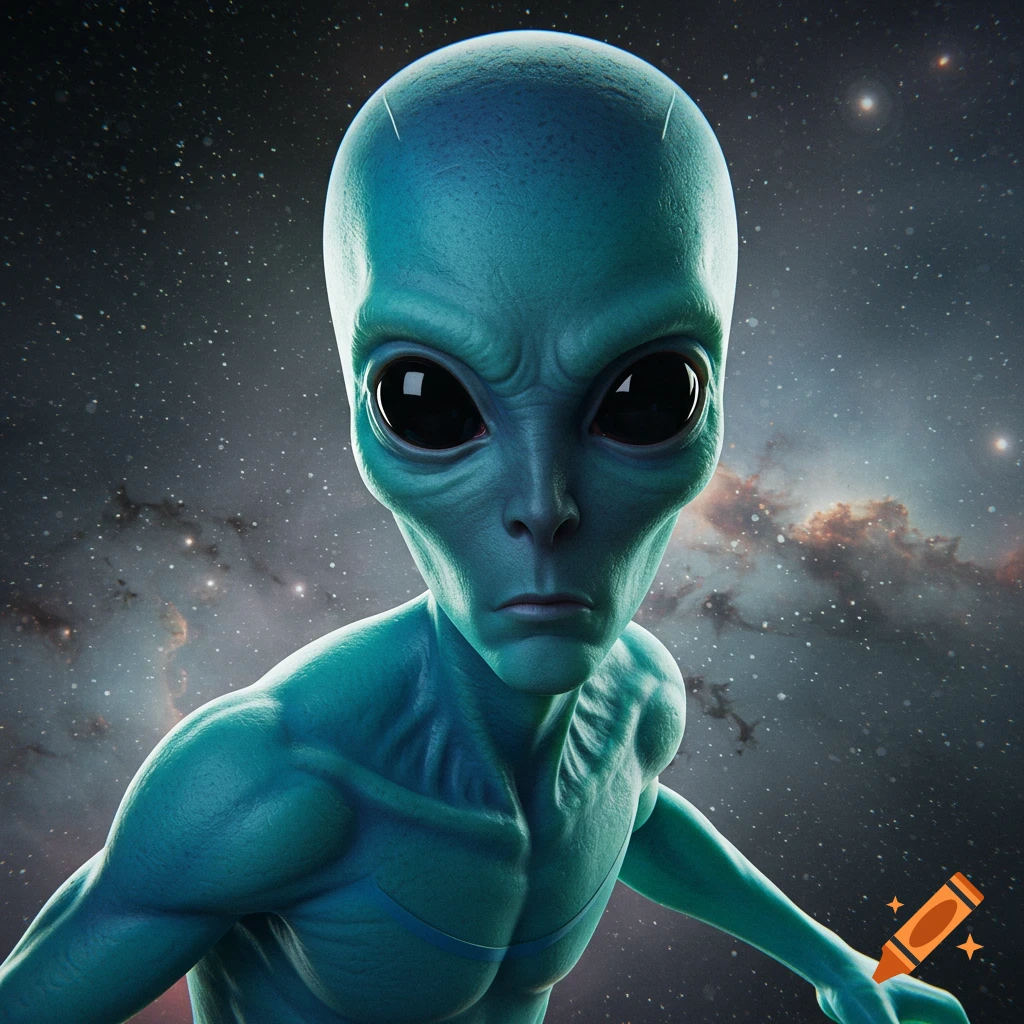 A hyper-realistic image of a blue alien with large black eyes in space.