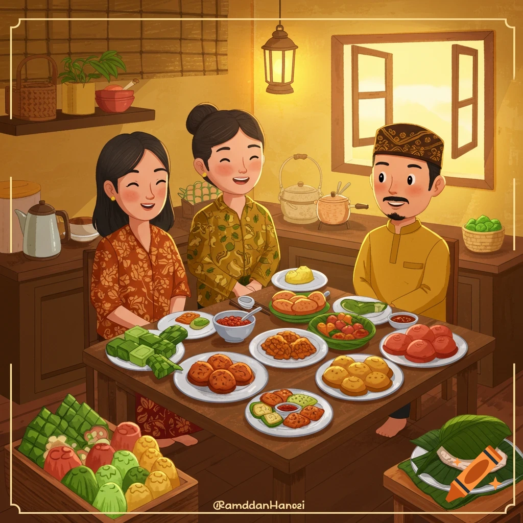 Cartoon illustration of a family eating a meal together at a table.