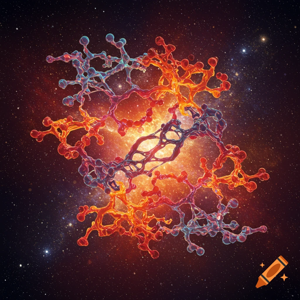 Abstract branching polymer-like structure in space with stars and nebula