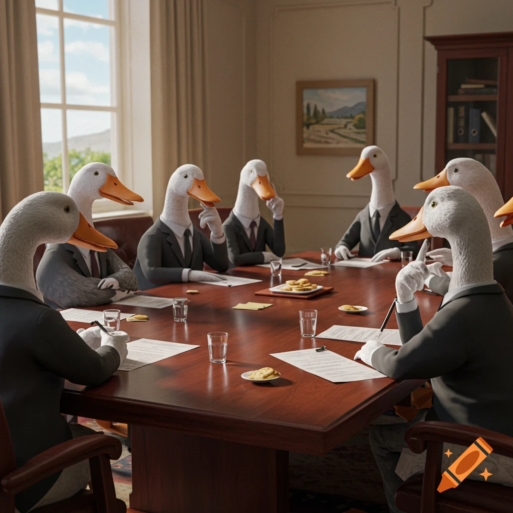 Anthropomorphic geese in suits sit around a large table with documents and drinks, having a business meeting.