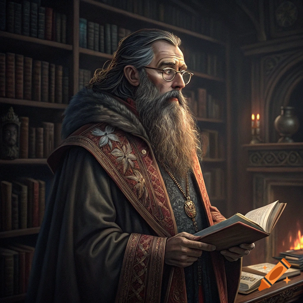 A long-bearded old man with glasses reads a book by a fireplace in a library.