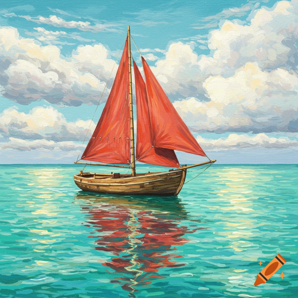 A small sailboat with red sails on turquoise water.
