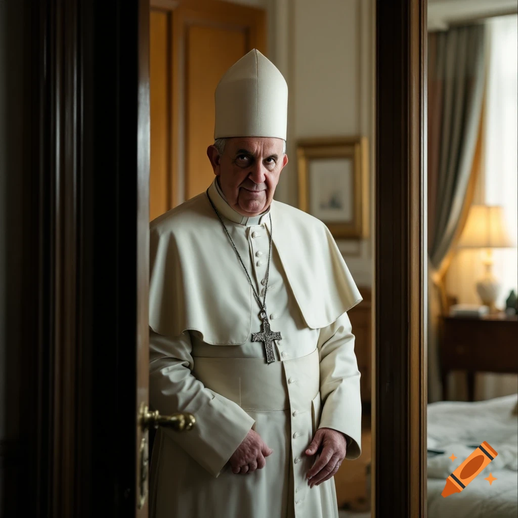 Pope Francis wearing a large hat stands in a doorway in a realistic photo.