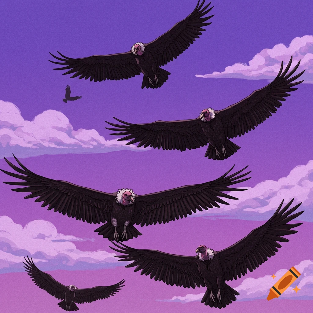 Multiple vultures flying in a purple sky with clouds.