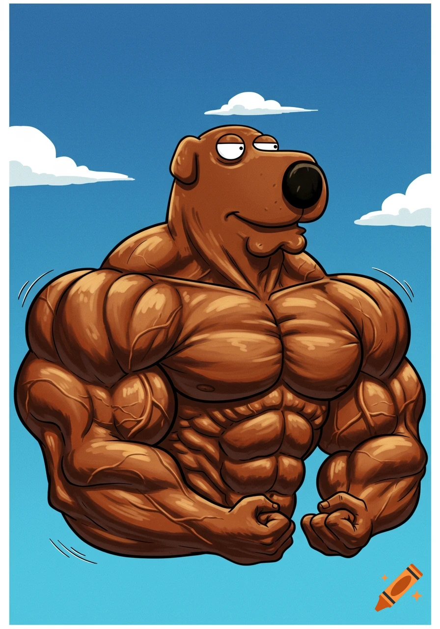 A cartoon dog character with massive muscles flexing against a blue sky.