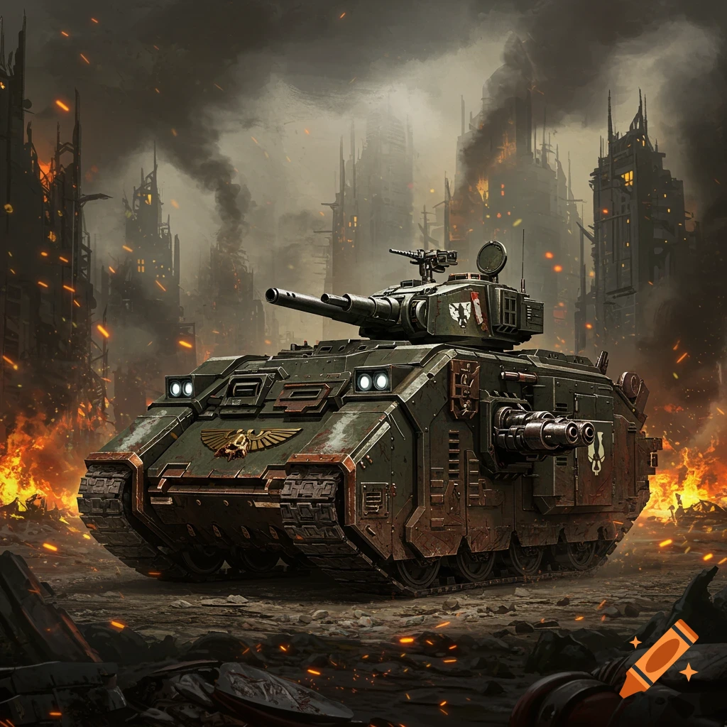 A detailed depiction of a Warhammer 40k Leman Russ tank in a burning, ruined city battlefield.