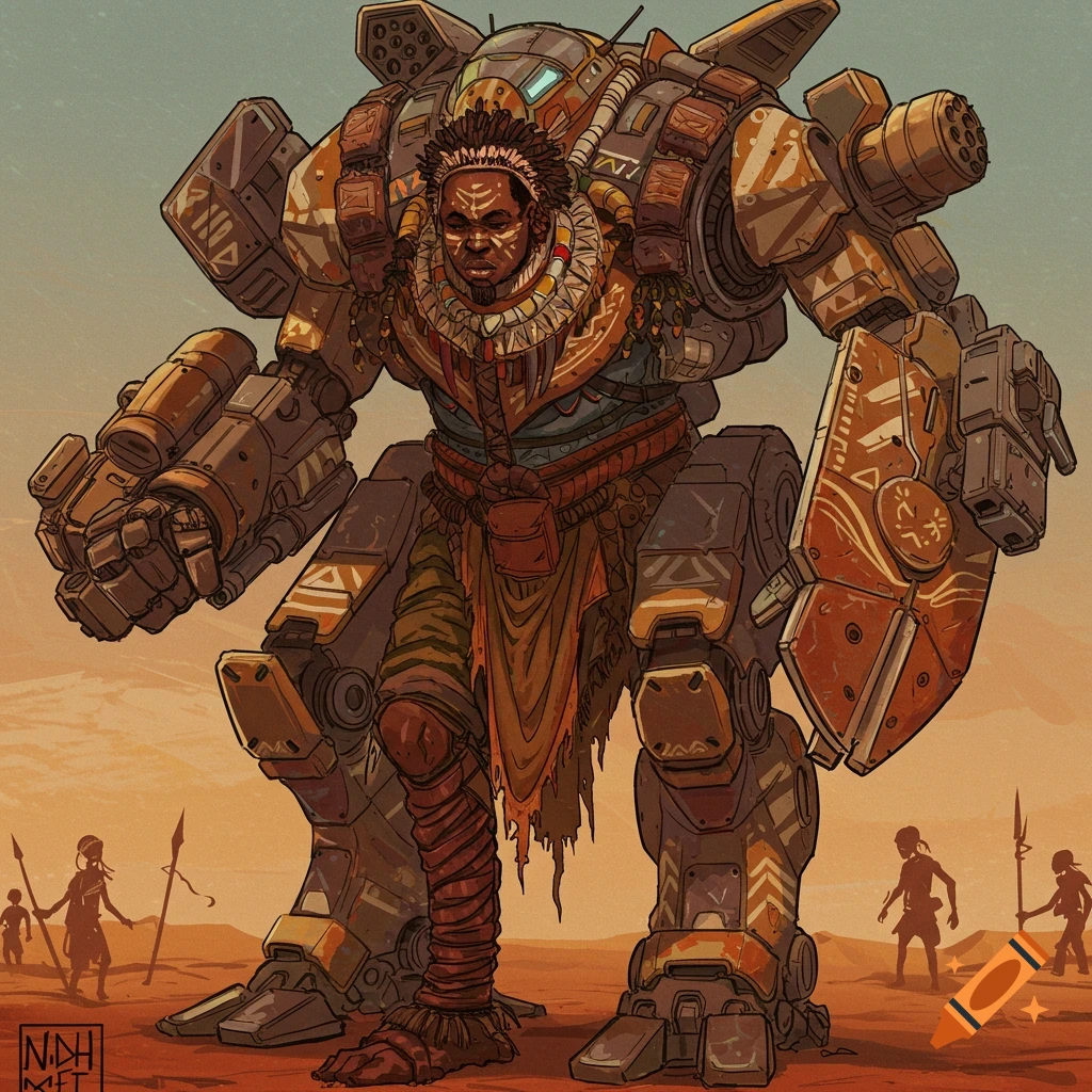 An African tribal character is integrated into a large, detailed mech suit in a desert landscape.