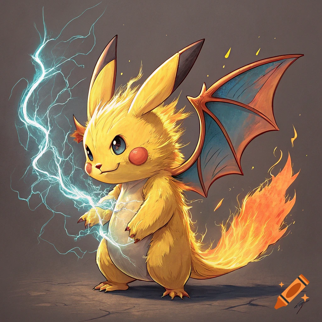 Stylized illustration of a creature fusion of Pikachu and Charizard generating lightning and fire.