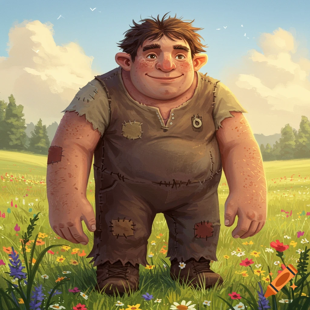 A friendly cartoon giant with patches on his clothes stands in a field of wildflowers under a sunny sky.