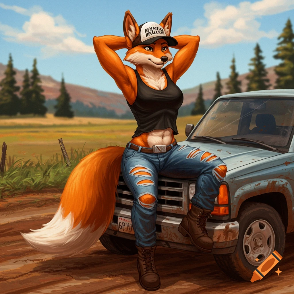 Anthro fox in tank top, ripped jeans, and hat sits on a pickup truck on a muddy road, digital art.