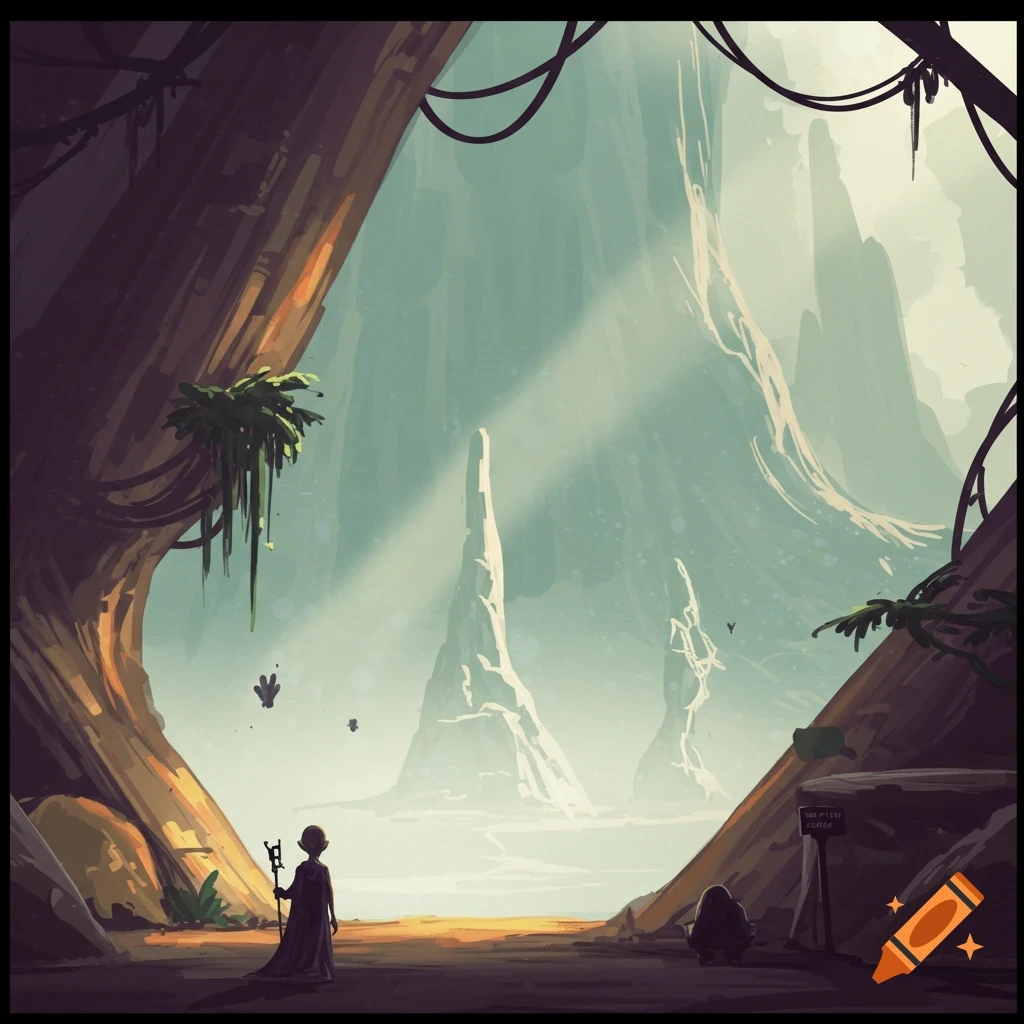 A small figure with a staff stands in a fantasy landscape with misty towering rocks and light rays.