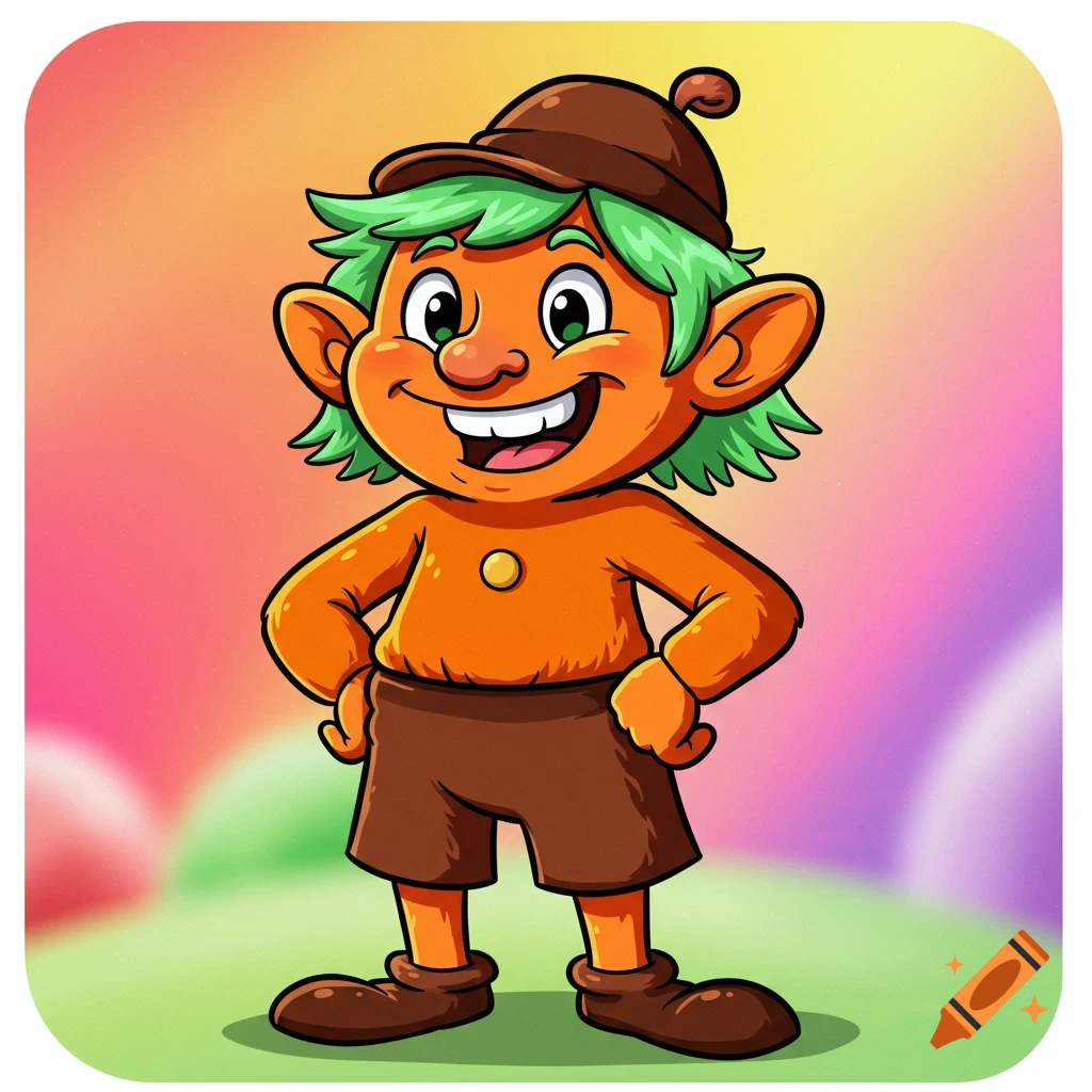 A cheerful cartoon character with orange skin, green hair, brown hat and shorts, smiling with hands on hips.