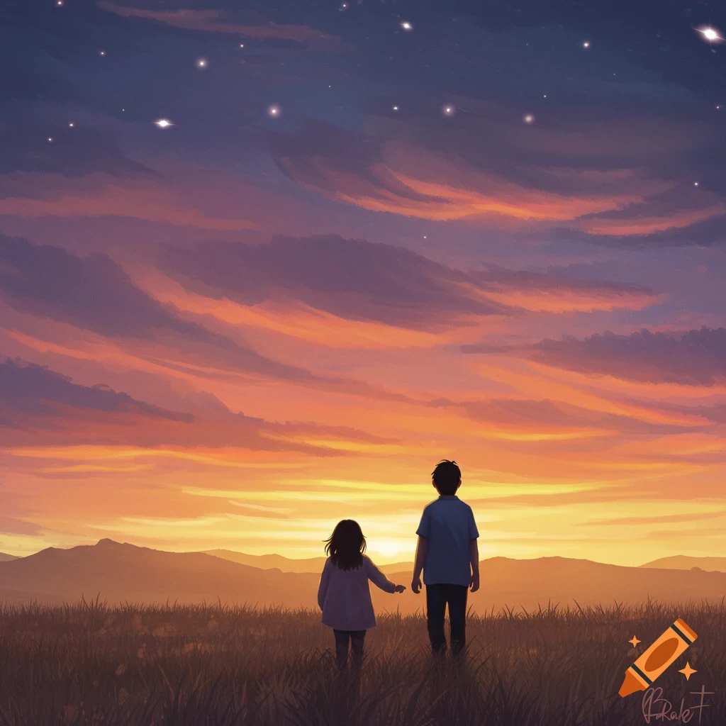 Two figures stand in a field watching a vibrant sunset over mountains.