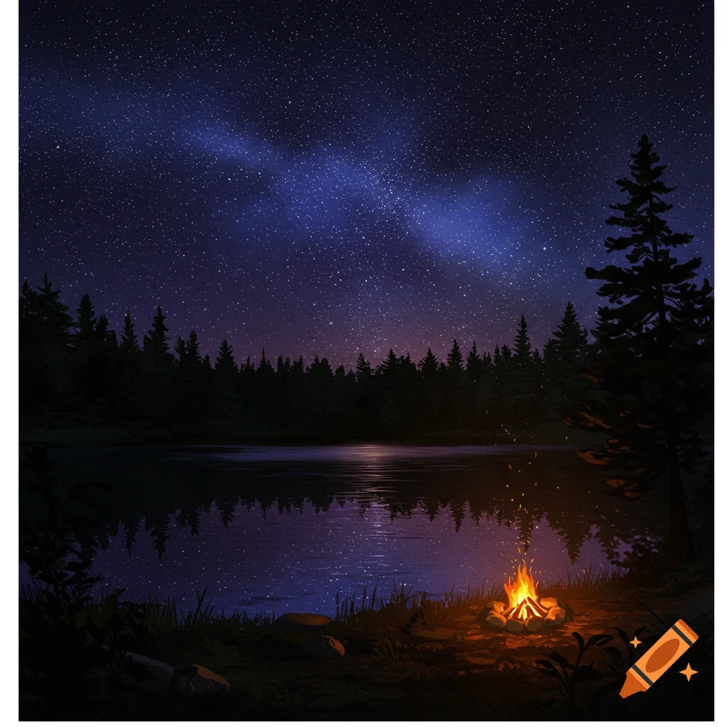 A campfire by a lake under a starry night sky.