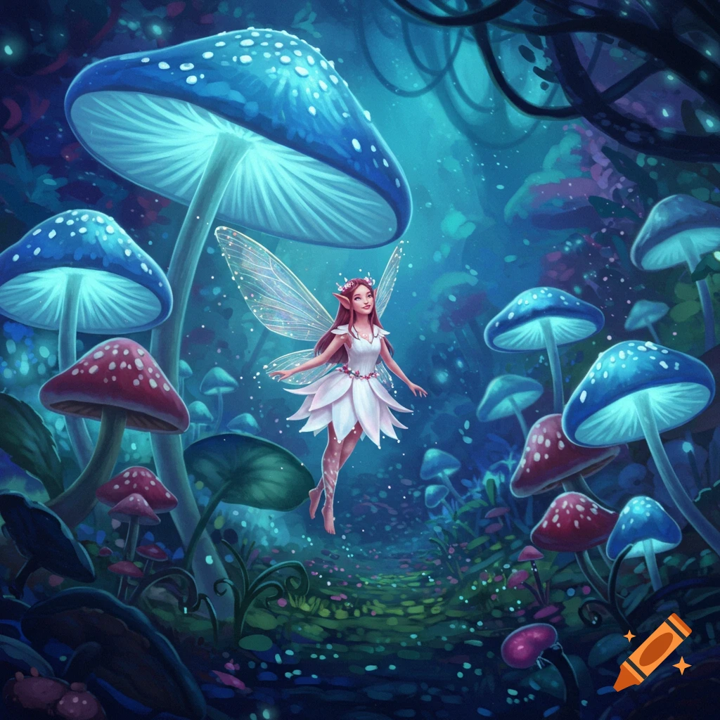 A fairy flying among giant blue and red mushrooms in a forest.