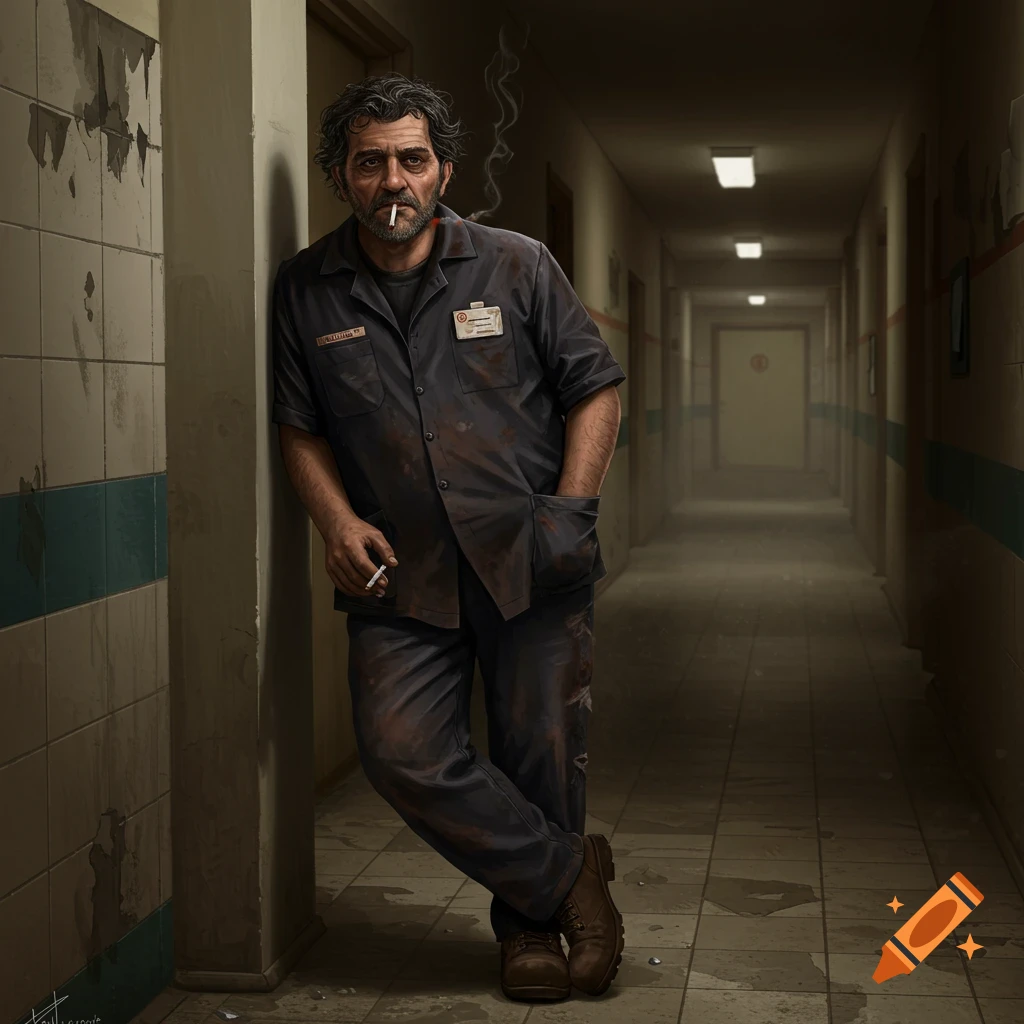 Realistic painting of a tired janitor smoking in a gritty hallway.