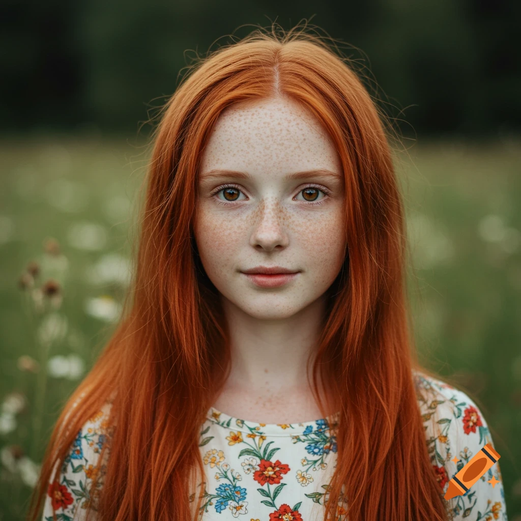 A close-up portrait of a young girl with long red hair and freckles, standing in a field of wildflowers.