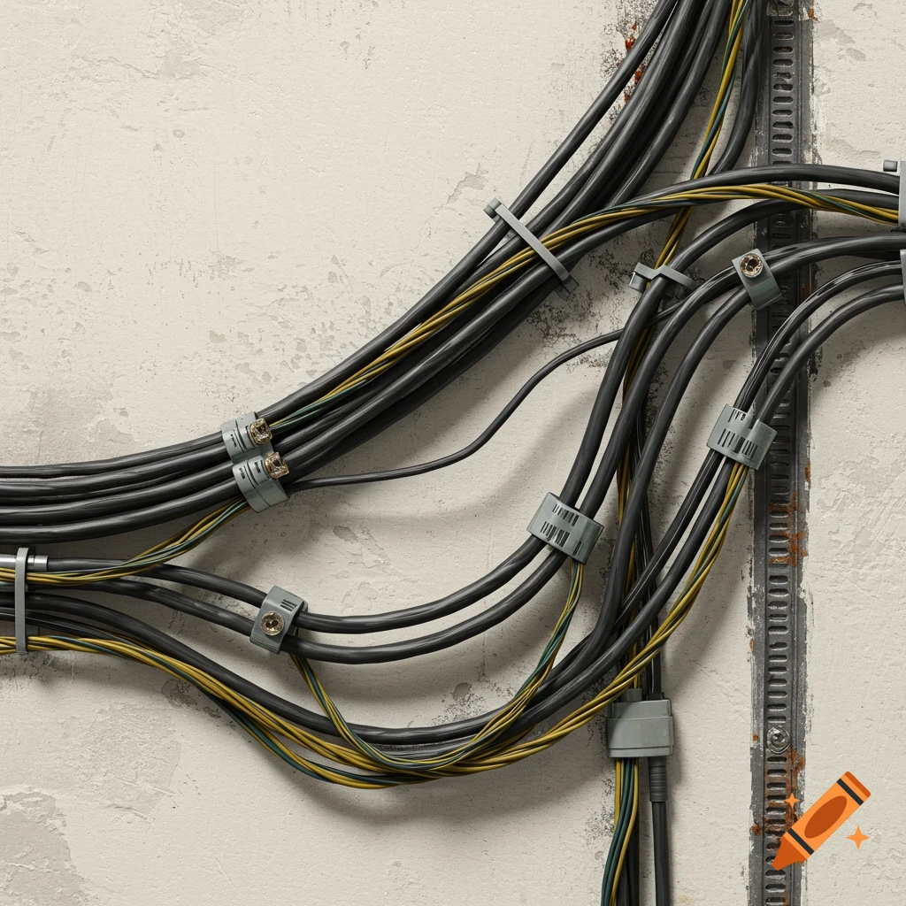 A close-up of black electrical wires attached to a textured wall with cable ties and a metal channel.