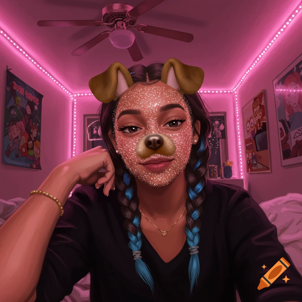 A person with braided hair and a dog filter is posing in a pink lit room.